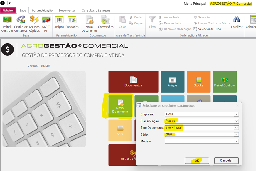 Menu – Stock Inicial