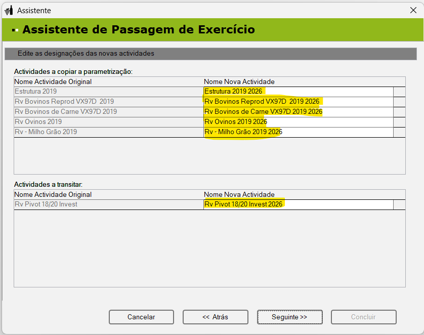 Wizard – passo 3 (nomes das atividades)