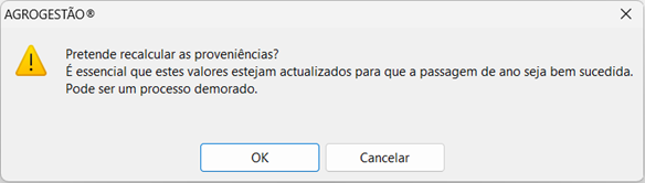 Mensagem de aviso – recalculo de proveniências