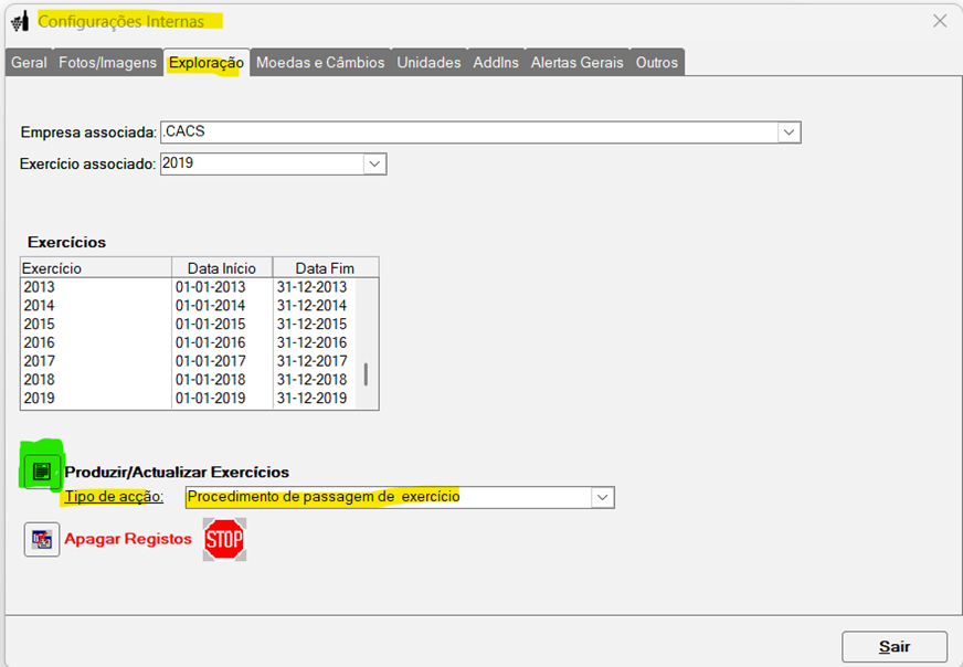 Tipo de Ação – Procedimento de passagem de exercício
