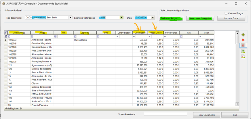 Stock Inicial – janela geral