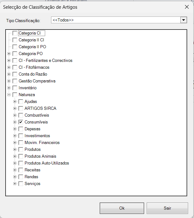 Stock Inicial – selecionar categorias
