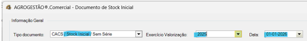 Stock Inicial – tipo de documento, exercício de valorização e data
