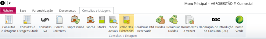 Menu AG.Comercial – Valor das Existências