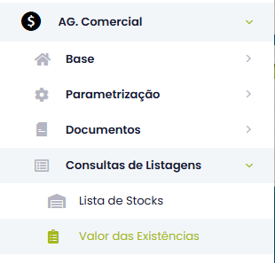Menu AG.Mobile – Valor das Existências