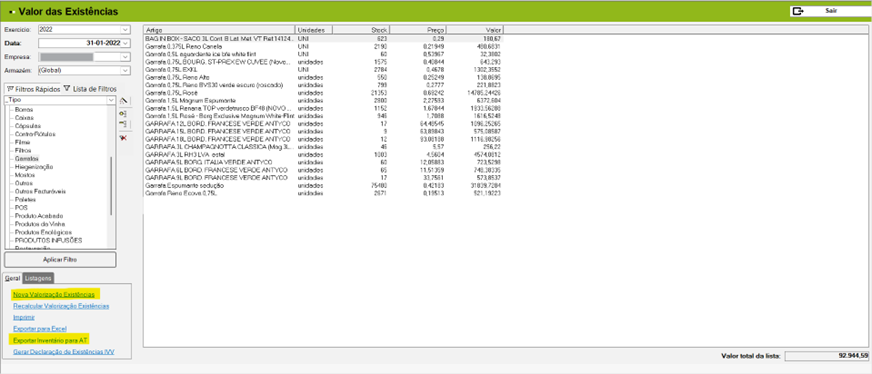 Valor das Existências
